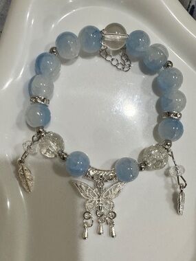 Silver Butterfly Charm Blue Beaded Bracelet